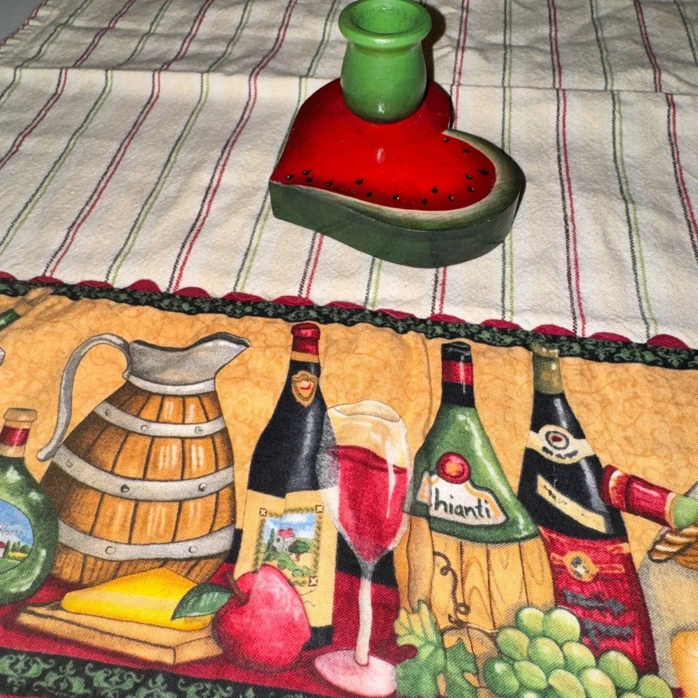 Norton Watermelon Heart Wood Candle Holder Wine Vineyard Tea Towel Set Red Green